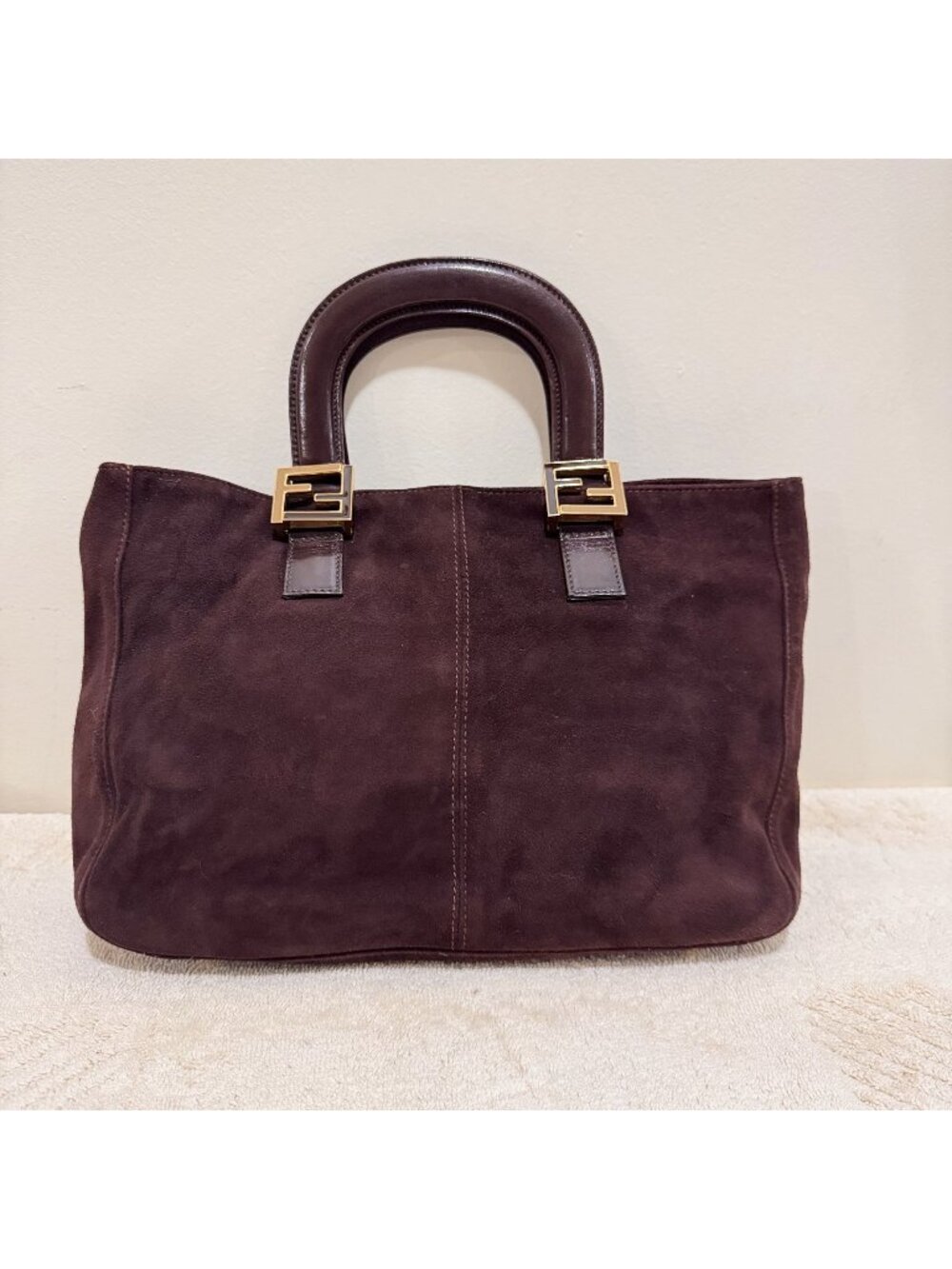 Vintage Fendi Brown Suede Leather Top Handle Tote Bag Gold FF Hardware Italy